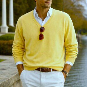 Vtg LL BEAN Yellow Wool V Neck Pullover Sweater